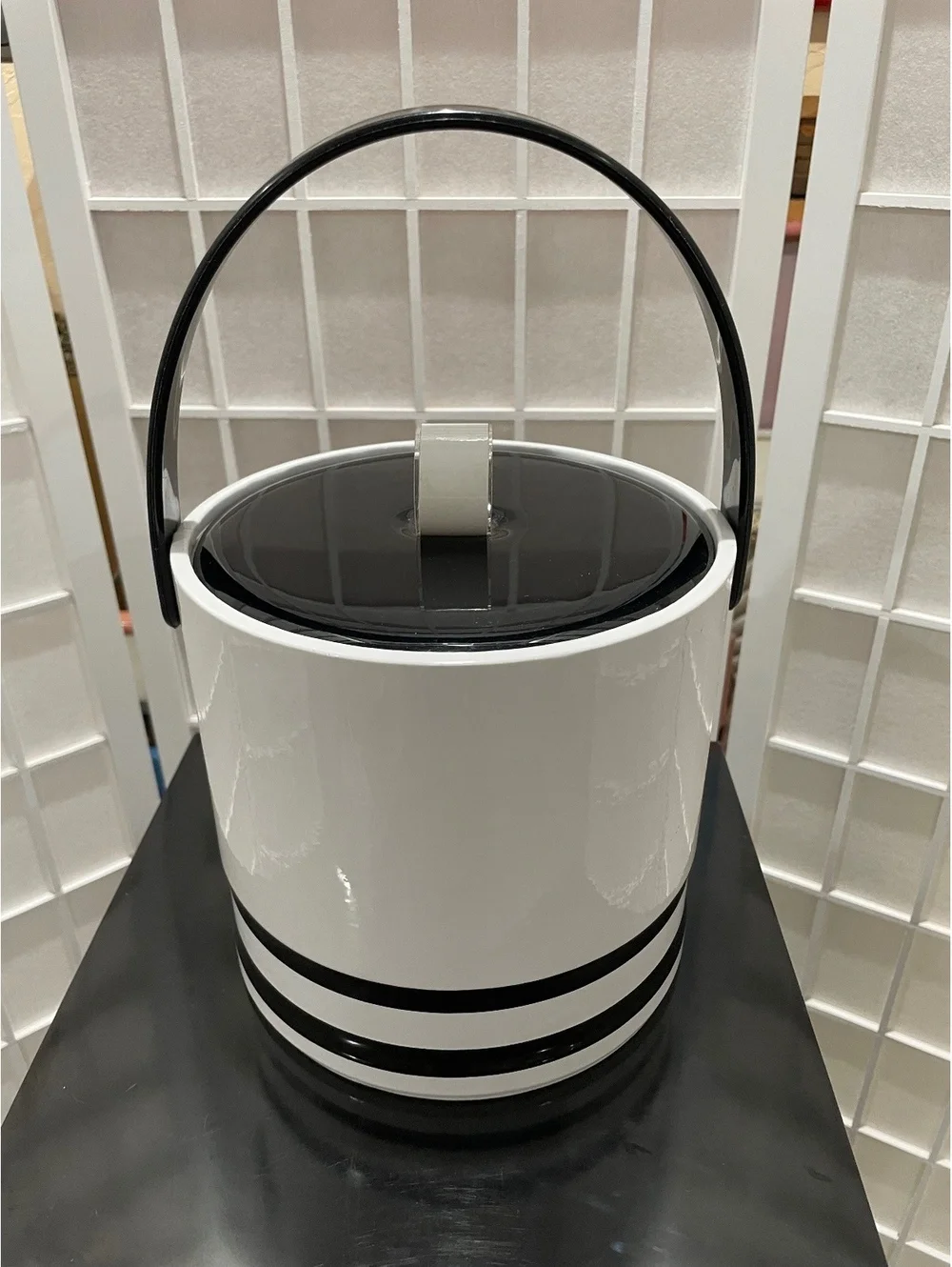 Vintage Black and White Striped Ice Bucket with Handle and Lid